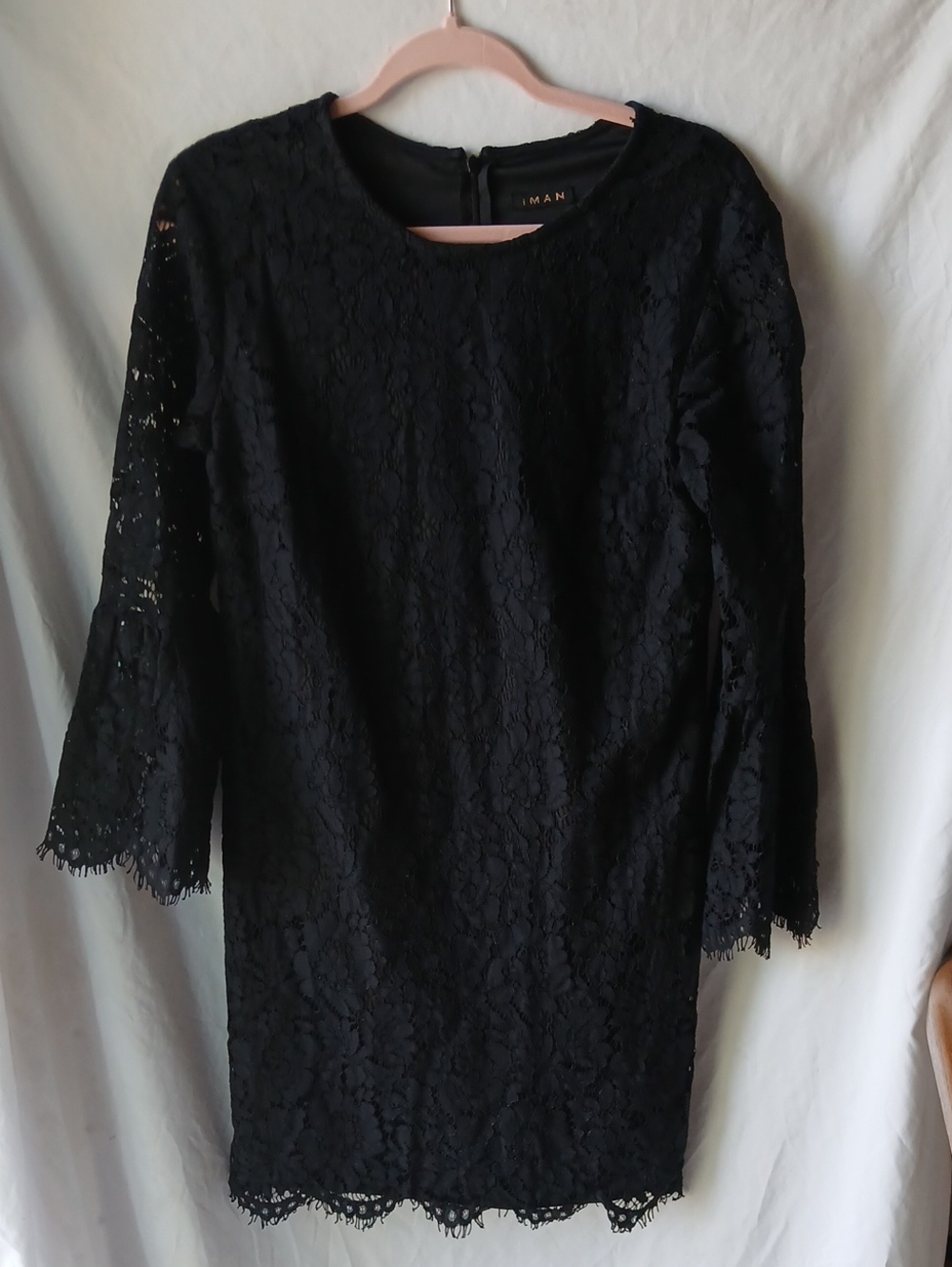 IMAN Black Lace Shift Dress with 3/4 Sleeves